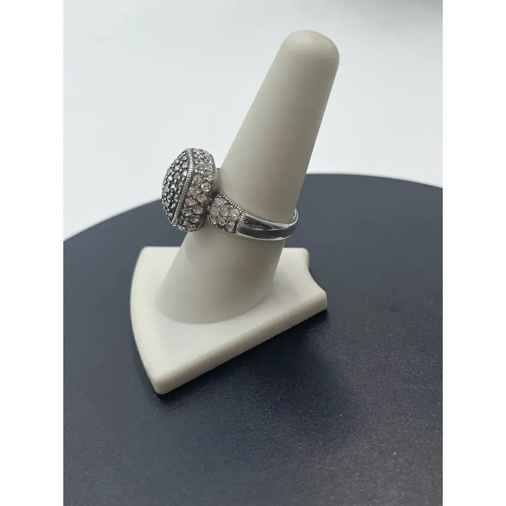 Sterling Silver Signed Ring Marcasite Crystal Cocktail Ring Vintage Style Size 8